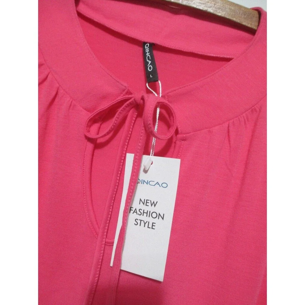 NWT QINCAO Pink Dress Size L Ruffle Sleeve Tiered - Picture 5 of 8